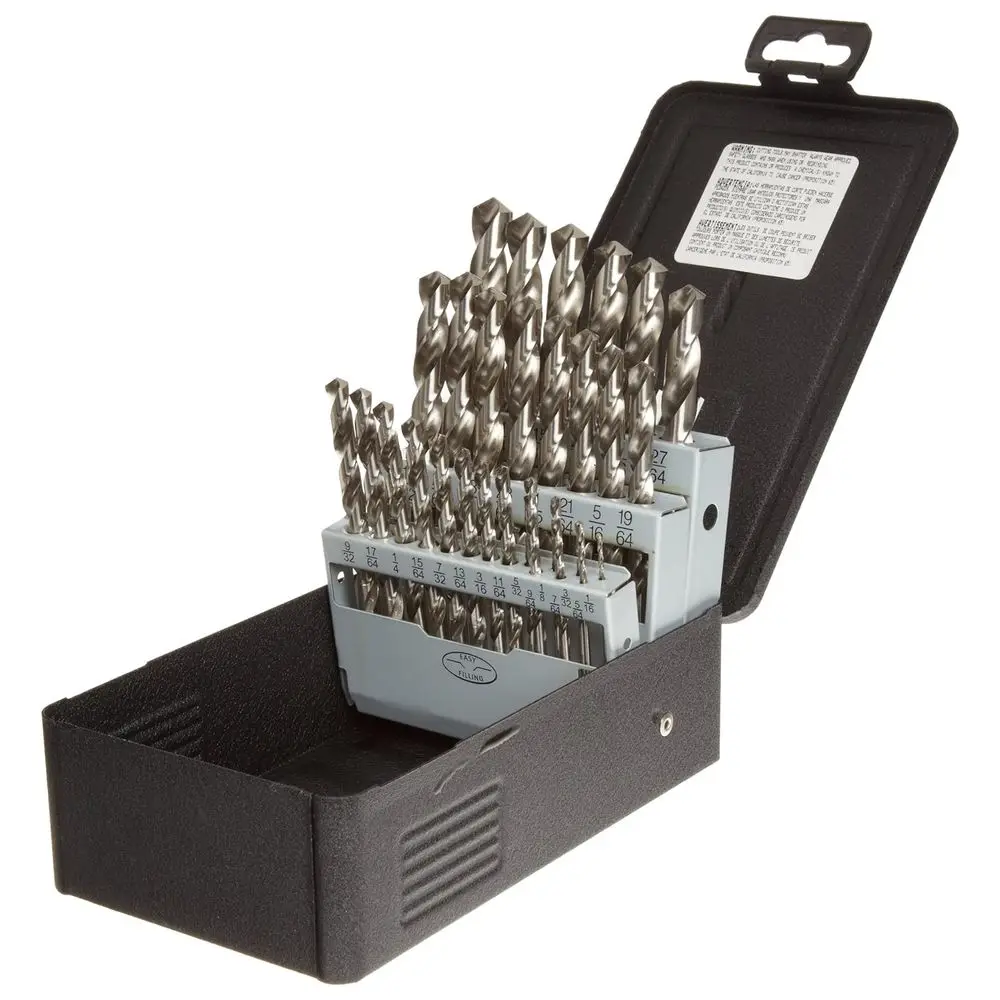 High-Speed Steel Jobber Length Drill Bit Set, Uncoated, 118° Point, 29 Pieces, 1/16 to 1/2 x 64ths
High-Speed Steel Jobber Length Drill Bit Set, Uncoated, 118° Point, 29 Pieces, 1/16 to 1/2 x 64ths