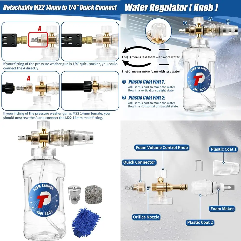 Pressure Washer Foam Cannon, Adjustable Snow Foam Lance with M22 and 1/4 Inch Quick Connect, Additional Orifice Nozzle 1.1mm, Ca
Pressure Washer Foam Cannon, Adjustable Snow Foam Lance with M22 and 1/4 Inch Quick Connect, Additional Orifice Nozzle 1.1mm, Ca