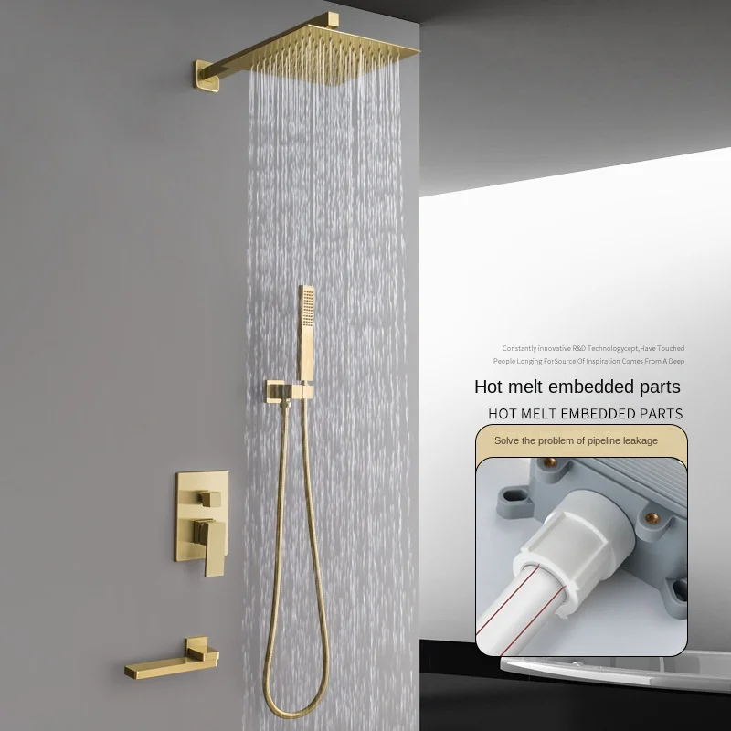 8-12 Inch Copper Shower System with Brushed Gold Finish for Concealed Installation and Wall Mounting
8-12 Inch Copper Shower System with Brushed Gold Finish for Concealed Installation and Wall Mounting