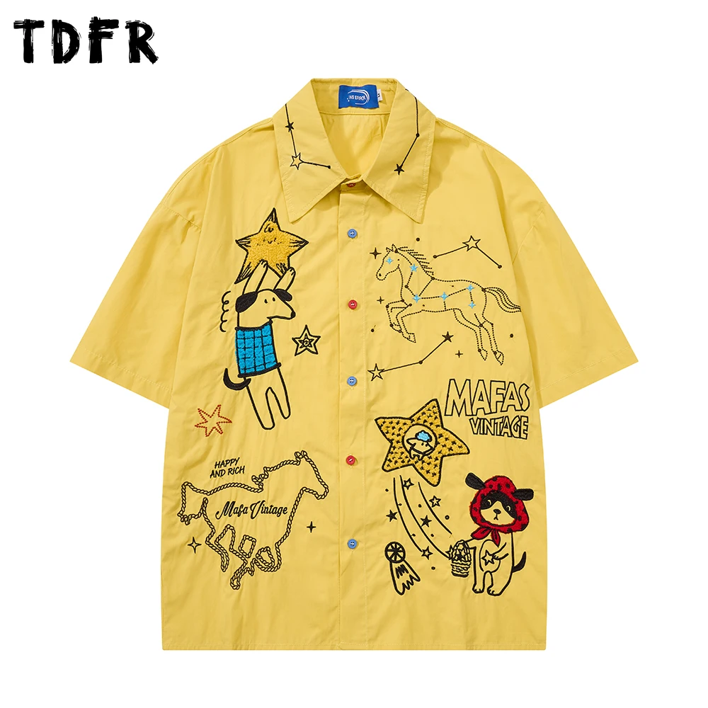 Cartoon Embroidery Short Sleeve Shirts Mens Summer Retro Lapel Loose Half-Sleeve Single Breasted Casual Cotton Shirts Man
Cartoon Embroidery Short Sleeve Shirts Mens Summer Retro Lapel Loose Half-Sleeve Single Breasted Casual Cotton Shirts Man