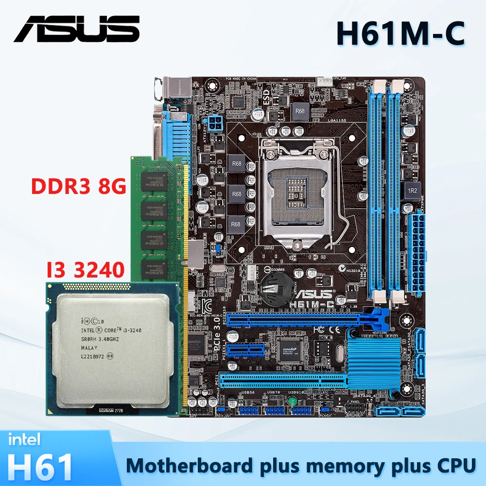 ASUS H61 Motherbaord CPU RAM Combo ASUS H61M-C + Intel Core i3 3240 + DDR3-8G Desktop Computer Mainboard With 4x SATA 2.0 Prots
ASUS H61 Motherbaord CPU RAM Combo ASUS H61M-C + Intel Core i3 3240 + DDR3-8G Desktop Computer Mainboard With 4x SATA 2.0 Prots
