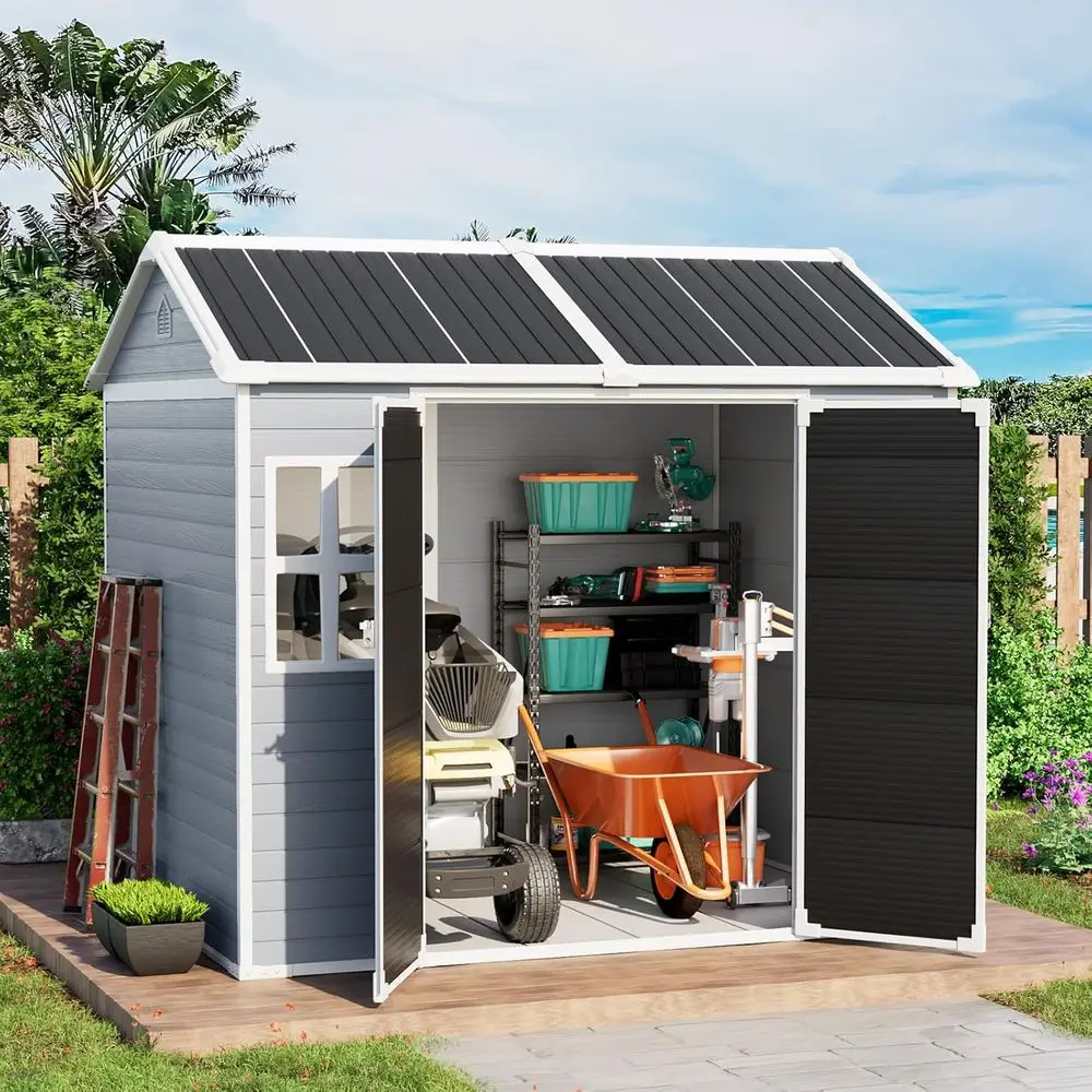 Gray 6x8 Outdoor Plastic Storage Shed with Floor, Window, and Utility for Easy Assembly, Weather-Resistant, Ideal for Lawn, Pati
Gray 6x8 Outdoor Plastic Storage Shed with Floor, Window, and Utility for Easy Assembly, Weather-Resistant, Ideal for Lawn, Pati