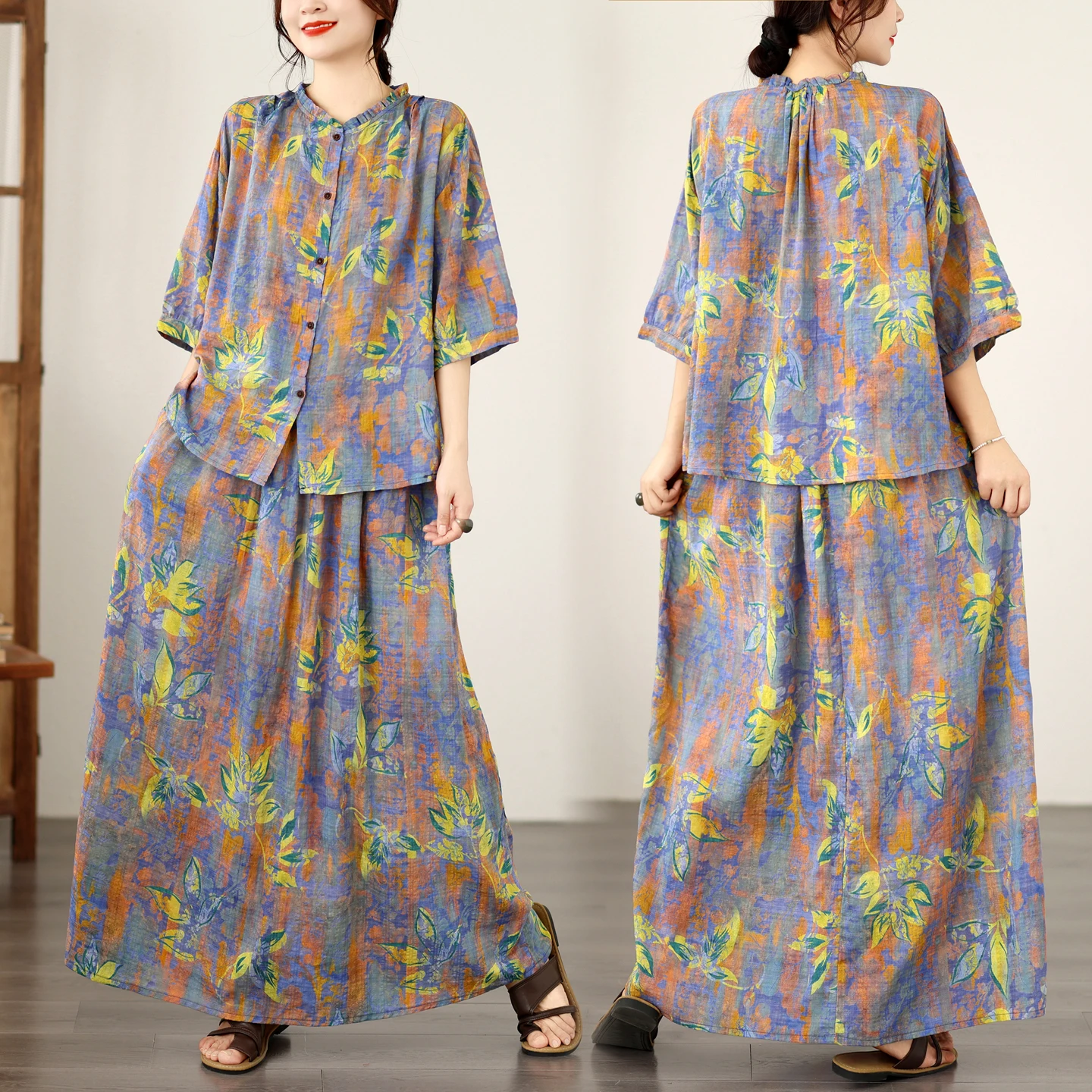 Korean Style Women's Summer New Print Set Cotton Linen Two-Piece Set Top Half-Skirt Large Size Fashionable European Goods
Korean Style Women's Summer New Print Set Cotton Linen Two-Piece Set Top Half-Skirt Large Size Fashionable European Goods