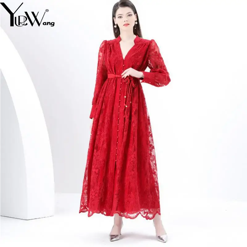 YUERWAN Women Dress 2025 Autumn Vintage Lantern Sleeve Single Breasted Embroidery V Neck Lace Up Large Hem Loose Long Dresses
YUERWAN Women Dress 2025 Autumn Vintage Lantern Sleeve Single Breasted Embroidery V Neck Lace Up Large Hem Loose Long Dresses