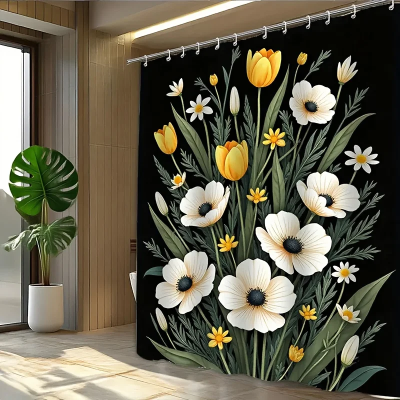 Shower Curtain Black Background White Anemones Yellow Tulips Daisies Floral Print Polyester 70.8x70.8 Inch Machine Washable
Shower Curtain Black Background White Anemones Yellow Tulips Daisies Floral Print Polyester 70.8x70.8 Inch Machine Washable