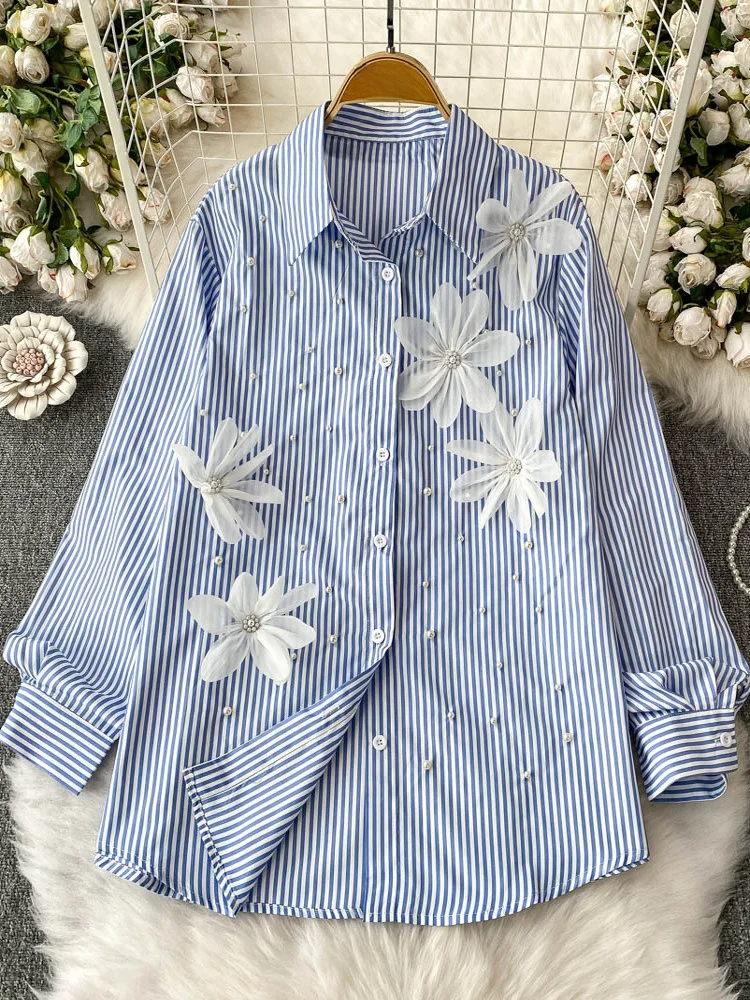 Sweet Pearl 3D Flower Loose Fit Striped Women's irt Summer Slimming Versatile Korean Sle Long Sve Collar Top
Sweet Pearl 3D Flower Loose Fit Striped Women's irt Summer Slimming Versatile Korean Sle Long Sve Collar Top