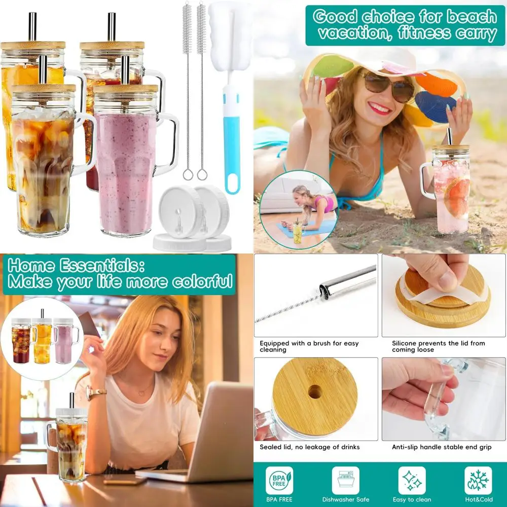 4 piece 24oz mason handle glass cups with lids and straws -drinks enthusiasts essential glasses drinking set, perfect for iced
4 piece 24oz mason handle glass cups with lids and straws -drinks enthusiasts essential glasses drinking set, perfect for iced
