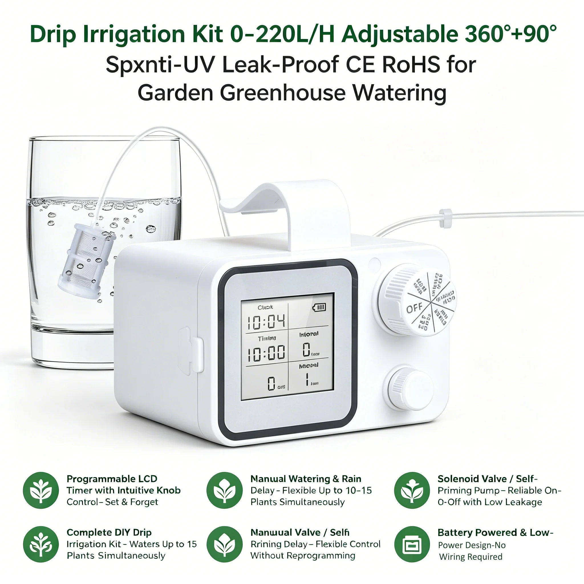 Drip Irrigation Kit 0-220L/H Adjustable 360°+90° Spray Anti-UV Leak-Proof CE RoHS for Garden Greenhouse Vacation Watering
Drip Irrigation Kit 0-220L/H Adjustable 360°+90° Spray Anti-UV Leak-Proof CE RoHS for Garden Greenhouse Vacation Watering