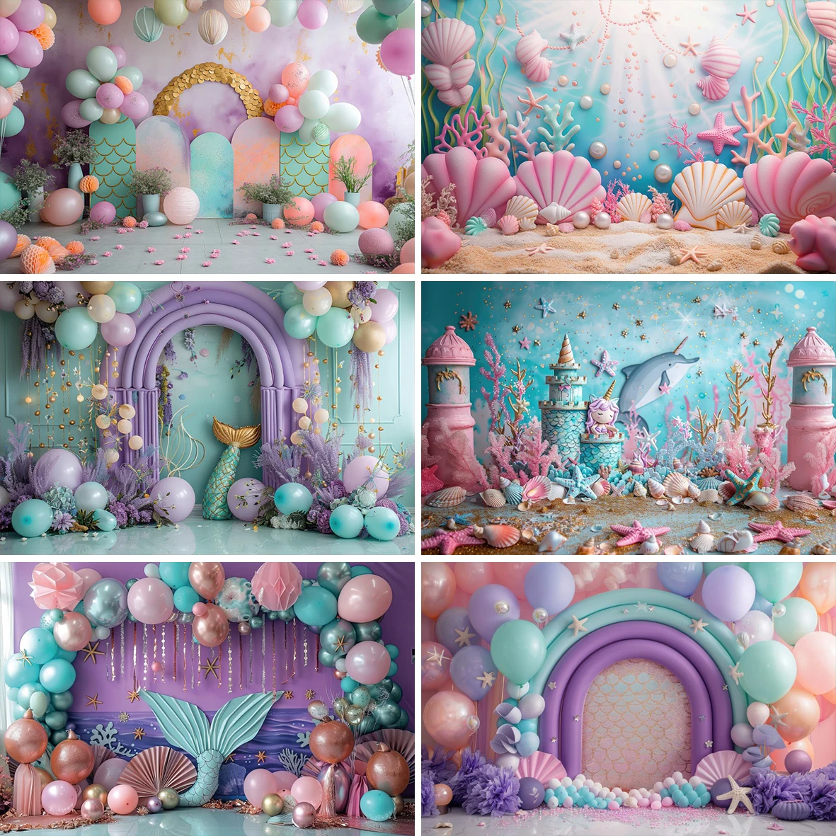 Mermaid Princess Birthday Photography Background Fish Tail Starfish Shell Cartoon Castle Balloon Baby Shower Portrait Backdrops
Mermaid Princess Birthday Photography Background Fish Tail Starfish Shell Cartoon Castle Balloon Baby Shower Portrait Backdrops