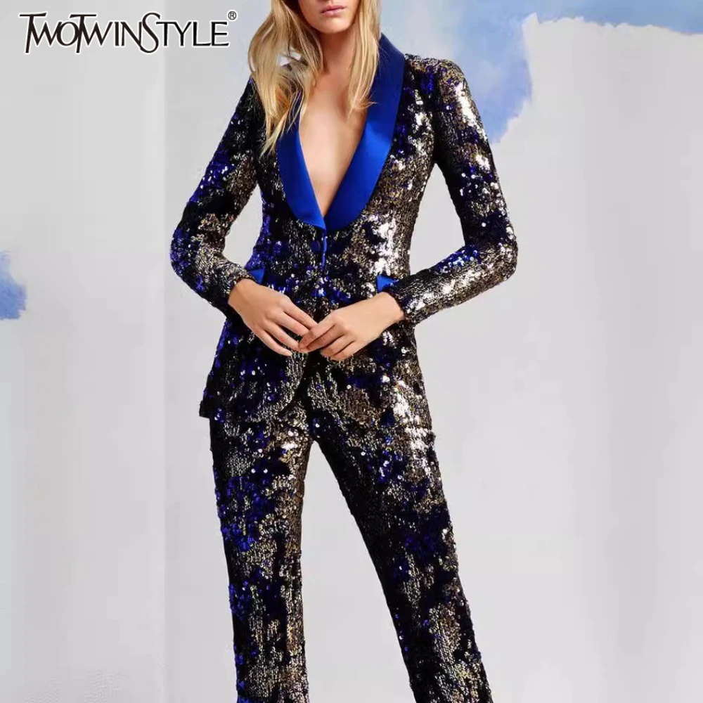 TWOTWINSTYLE Fashion Two Piece Set for Women Notched Long Sleeves Spliced Sequins Blazer High Waist Pant Sets Female Clothing
TWOTWINSTYLE Fashion Two Piece Set for Women Notched Long Sleeves Spliced Sequins Blazer High Waist Pant Sets Female Clothing