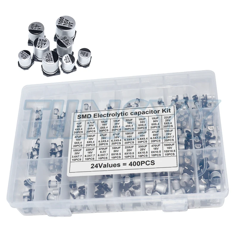 400PCS capacitor kit Aluminum Electrolytic SMD condensadores electrolíticos 1uF~1000uF 6.3V-50V 24Value with box kit de reparac
400PCS capacitor kit Aluminum Electrolytic SMD condensadores electrolíticos 1uF~1000uF 6.3V-50V 24Value with box kit de reparac