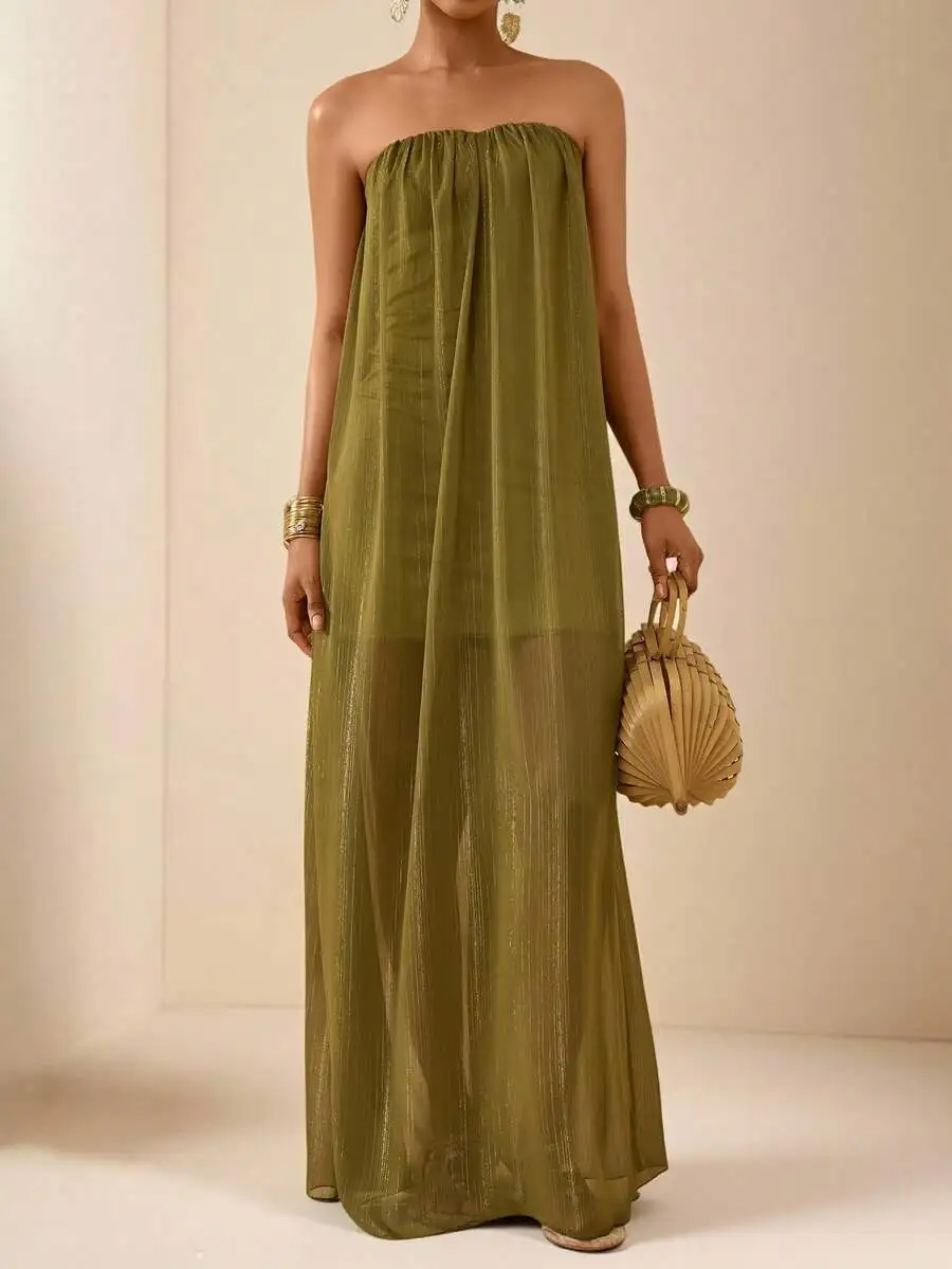 Elegant Olive Green Chiffon Strapless Maxi Dress For Women
Elegant Olive Green Chiffon Strapless Maxi Dress For Women
