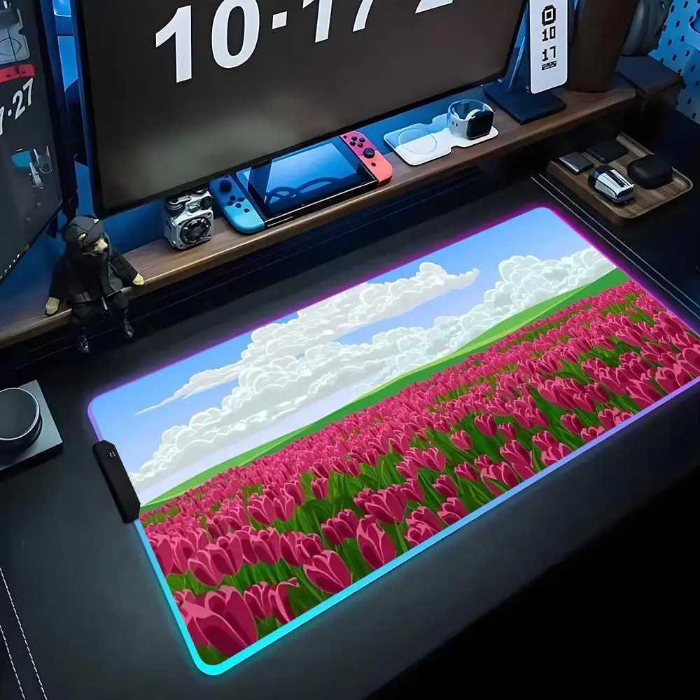 anime tulip field Mouse Pad RGB Gaming Mousepad Big LED Pad PC Desk Mat Luminous Mouse Pad Large Keyboard Mats Table Rug With
