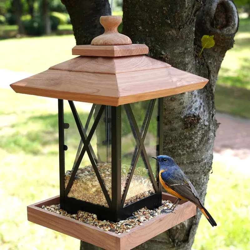 Cedar & Metal Frame Bird Feeder for Outdoors Hanging Mount Large Capacity, Black Wooden Garden Roof Feeder Lantern Style
Cedar & Metal Frame Bird Feeder for Outdoors Hanging Mount Large Capacity, Black Wooden Garden Roof Feeder Lantern Style