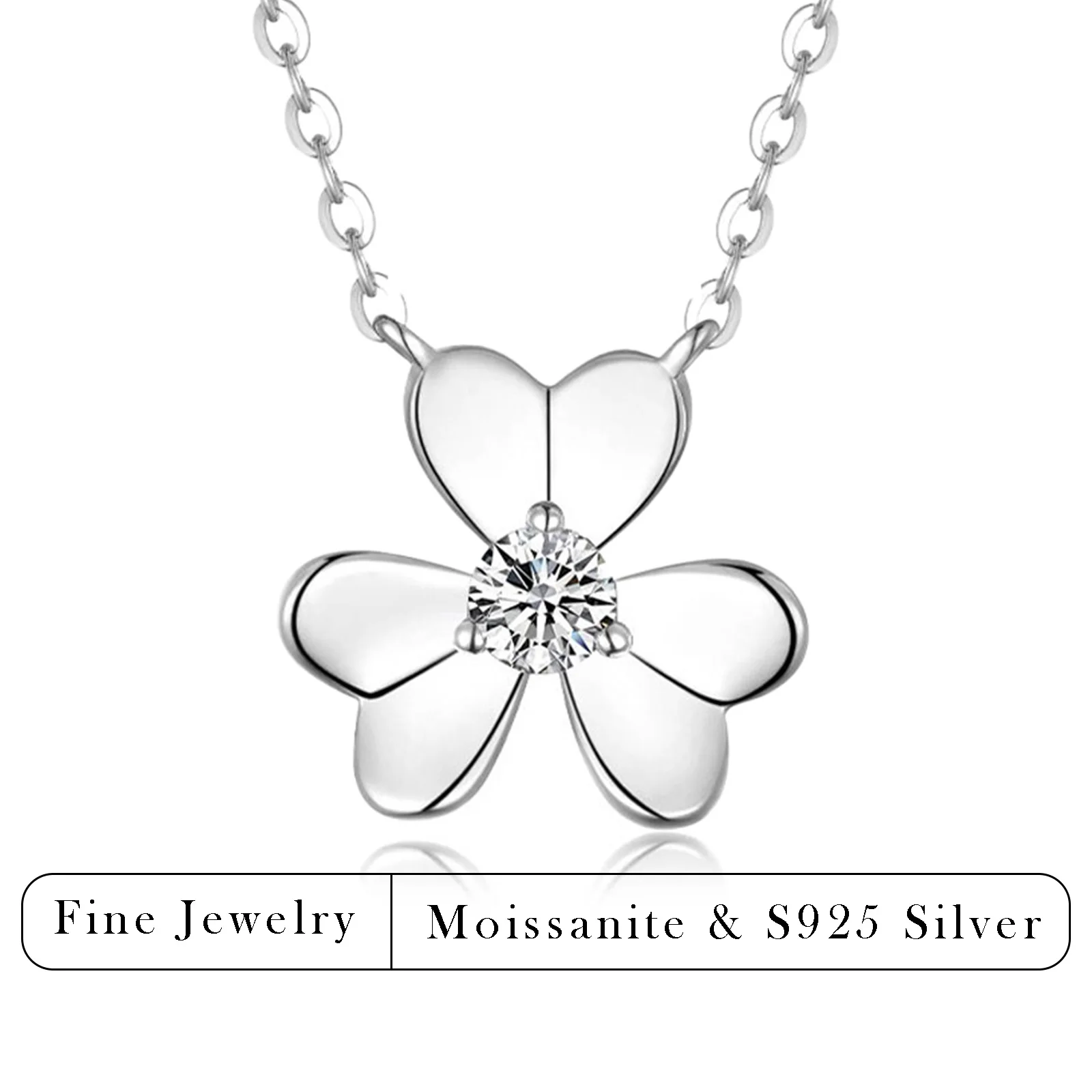 0.15 Carat Total Weight Moissanite Clover Necklace S925 Silver Heart Petal Pendant Necklace for Women
0.15 Carat Total Weight Moissanite Clover Necklace S925 Silver Heart Petal Pendant Necklace for Women