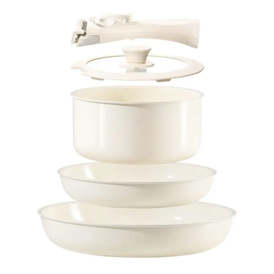 Ceramic Nonstick Cookware Set 5 Piece with Detachable Handle, Induction Dishwasher Oven Safe Pans and Pots Set, RV Kicthen Set R