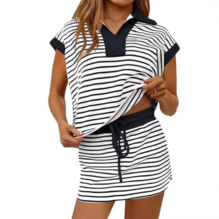 Spring Summer Striped Print V Neck Short Sleeve Matching Set Women's Casual Loose Dress With Shorts Loungewear Outfits
Spring Summer Striped Print V Neck Short Sleeve Matching Set Women's Casual Loose Dress With Shorts Loungewear Outfits