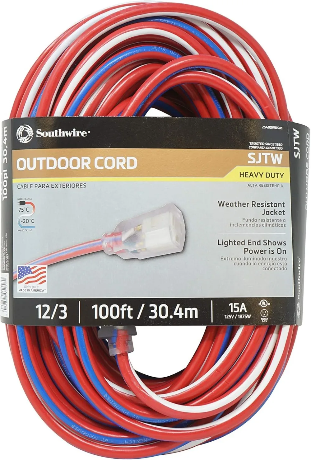 Extension Cord with Lighted End Red White and Blue Indoor and Outdoor Use; Water Resistant Flexible Jacket
Extension Cord with Lighted End Red White and Blue Indoor and Outdoor Use; Water Resistant Flexible Jacket