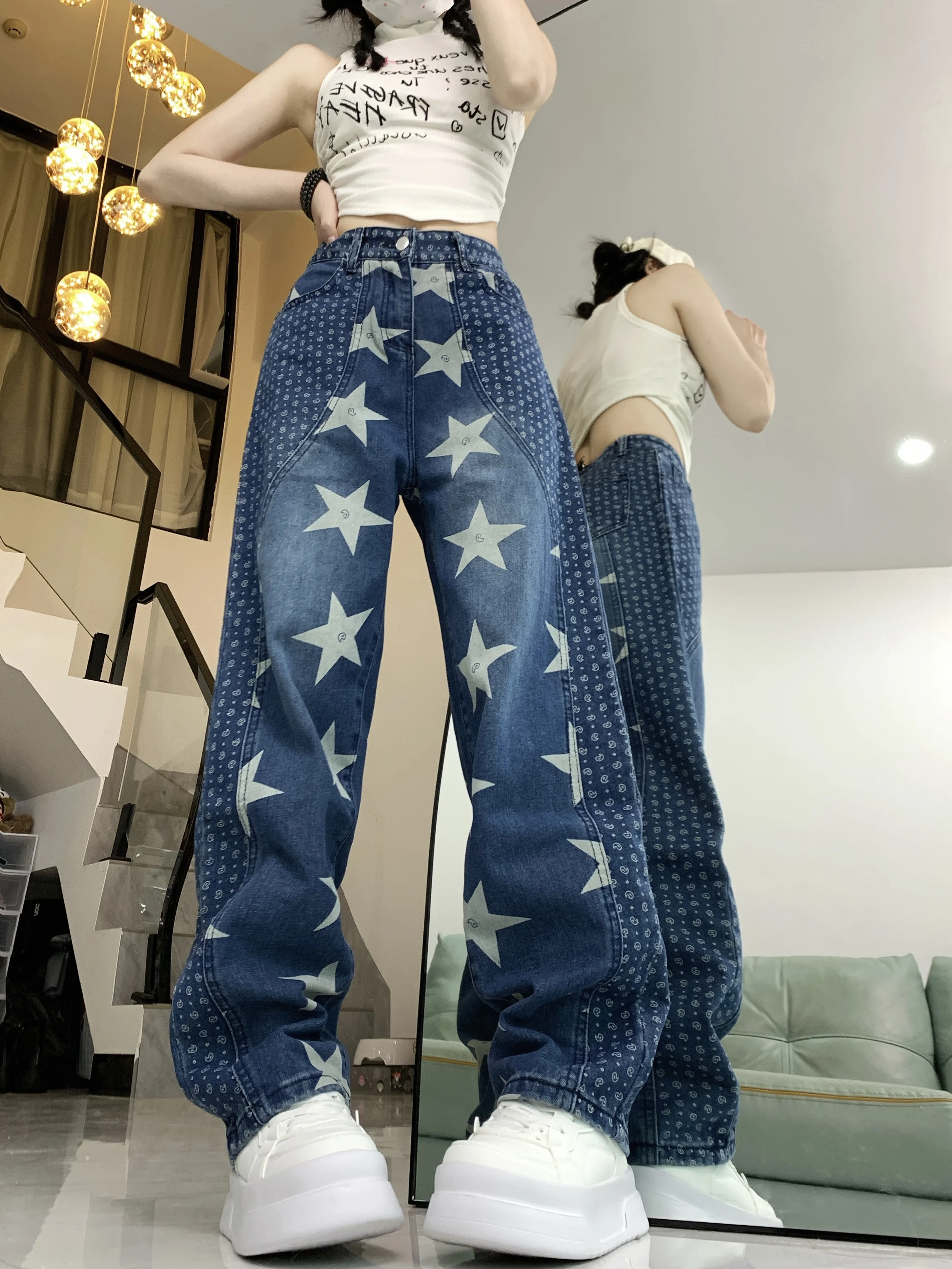 American style high street jeans with patchwork printed star design loose wide leg pants and long pants
American style high street jeans with patchwork printed star design loose wide leg pants and long pants