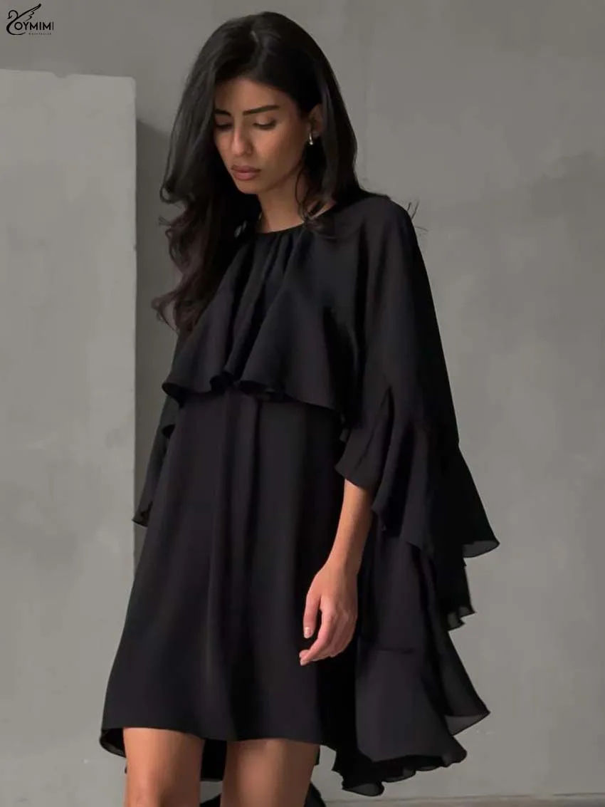 Oymimi Elegant Black Loose Dresses 2025 Woman Fashion O-Neck Cloak Sleeves Ruffled Dress Casual New Solid Mini Dress Streetwear
Oymimi Elegant Black Loose Dresses 2025 Woman Fashion O-Neck Cloak Sleeves Ruffled Dress Casual New Solid Mini Dress Streetwear