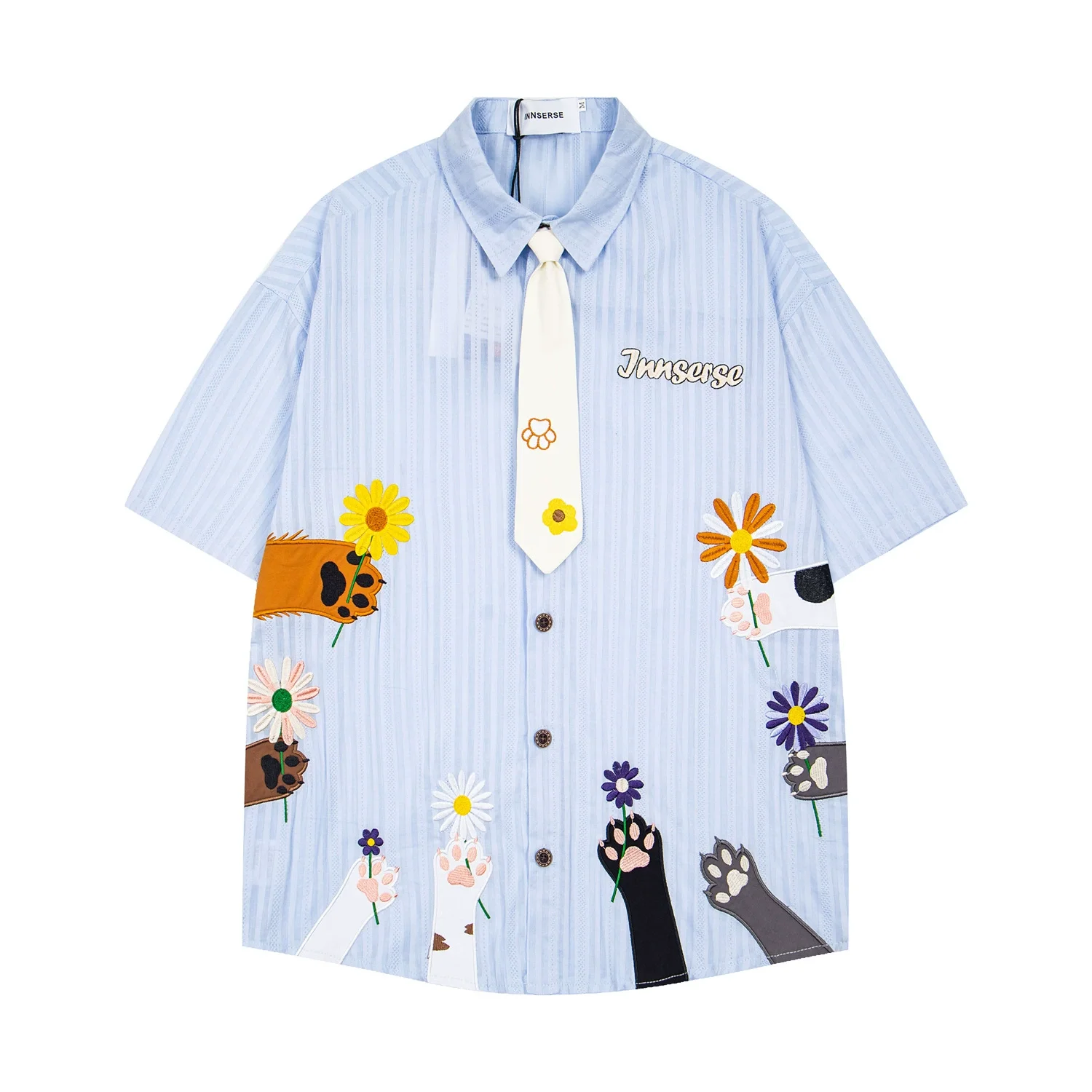 Cartoon Embroidery Stripes Short Sleeve Shirts Mens Full Print Summer Casual Loose Breasted Half-Sleeve Shirts Gift with Tie New
Cartoon Embroidery Stripes Short Sleeve Shirts Mens Full Print Summer Casual Loose Breasted Half-Sleeve Shirts Gift with Tie New