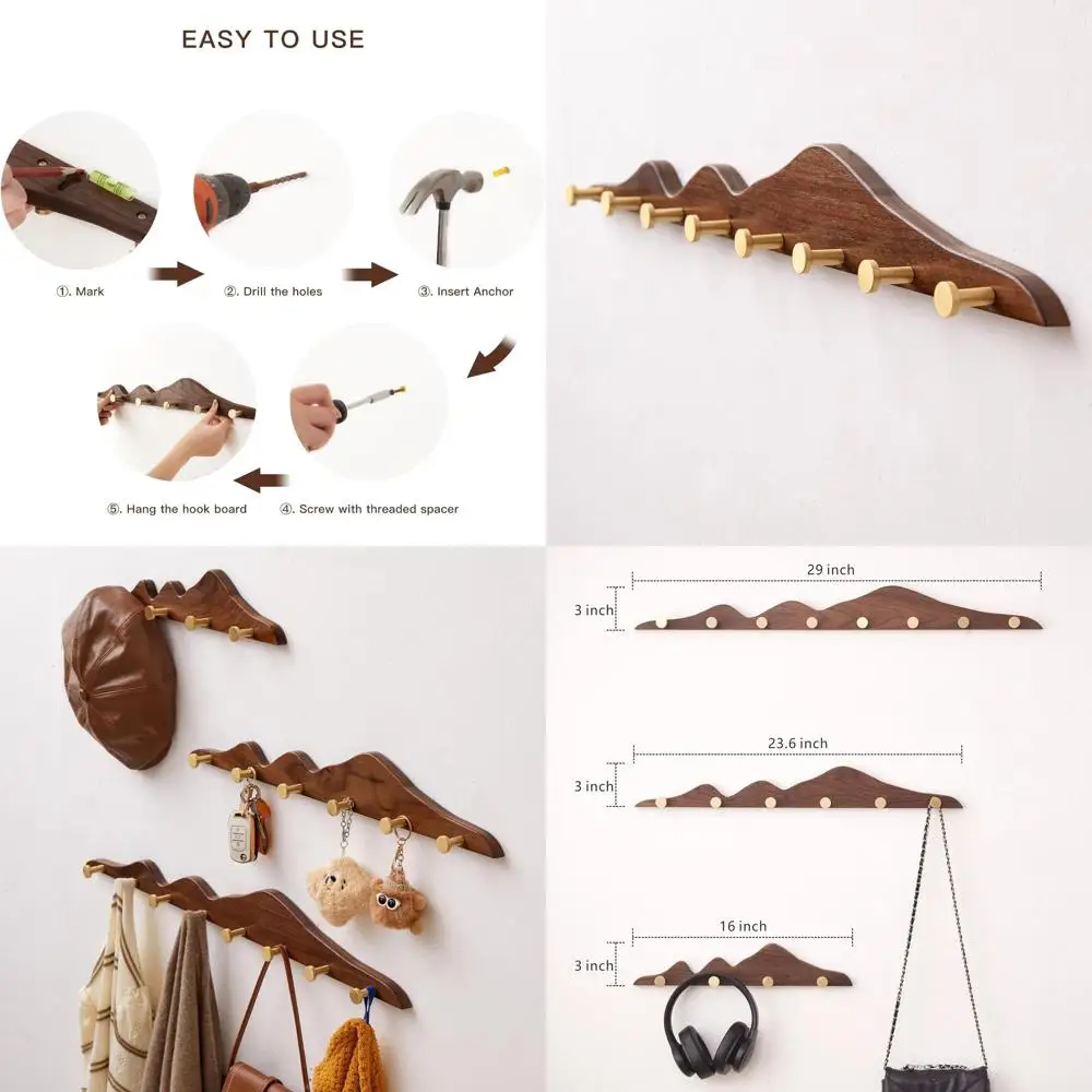 Wooden Wall-Mounted Coat Rack with 8 Gold Hooks, 29 Heavy-Duty Decorative Entryway Organizer for Jackets, Hats, Bags, and Keys
Wooden Wall-Mounted Coat Rack with 8 Gold Hooks, 29 Heavy-Duty Decorative Entryway Organizer for Jackets, Hats, Bags, and Keys