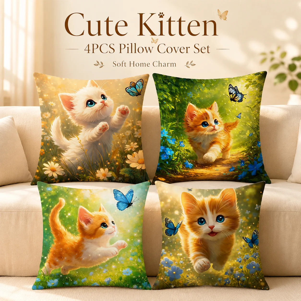 4Pcs Vibrant Cat Butterfly Pillow Covers 2D Flat Printed Peach Skin Magical Garden Kitten Cushion Case For Sofa Home Decor
4Pcs Vibrant Cat Butterfly Pillow Covers 2D Flat Printed Peach Skin Magical Garden Kitten Cushion Case For Sofa Home Decor