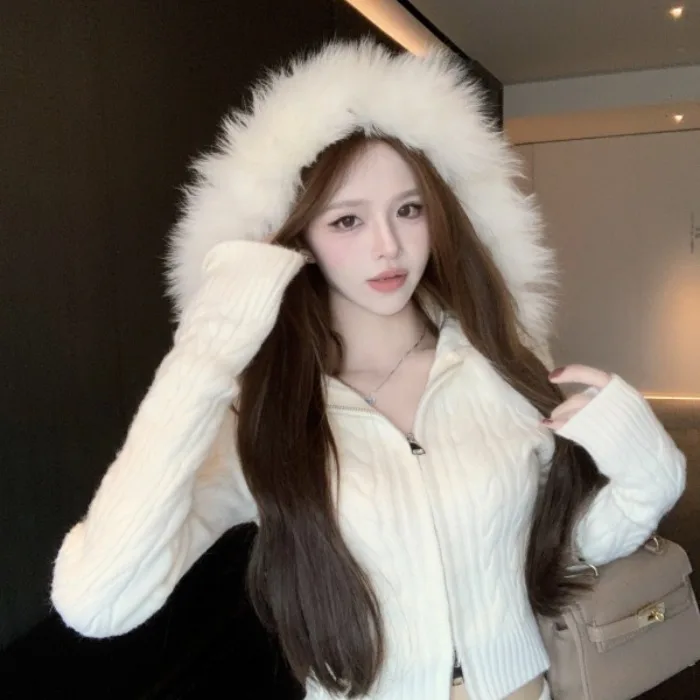 White Large Fur Collar Hooded Short Knitted Sweater Cardigan Autumn Winter Street Style Thickened Long Sleeve Zipper Pure Color
White Large Fur Collar Hooded Short Knitted Sweater Cardigan Autumn Winter Street Style Thickened Long Sleeve Zipper Pure Color