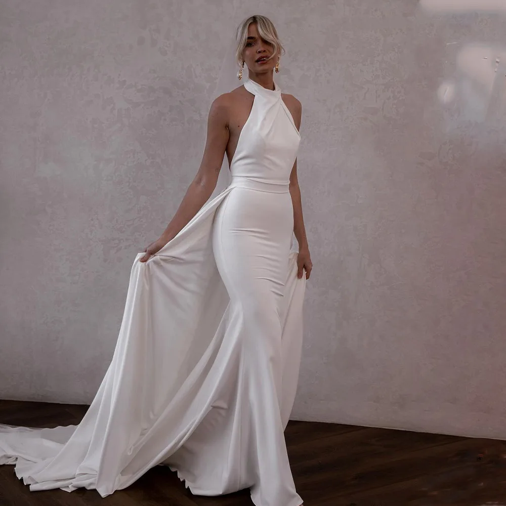 Simple Halter Sofer Satin Mermaid Wedding Dresses With Detachable Train Custom Made 2025 Bridal Grown Rode De Morrie
Simple Halter Sofer Satin Mermaid Wedding Dresses With Detachable Train Custom Made 2025 Bridal Grown Rode De Morrie