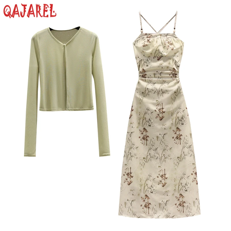 Summer Solid Long Sleeve Cardigan Shirts+Floral Chiffon Sling Long Dress Two Piece Sets 2023 Women Korean Elegant Casual Suits
Summer Solid Long Sleeve Cardigan Shirts+Floral Chiffon Sling Long Dress Two Piece Sets 2023 Women Korean Elegant Casual Suits