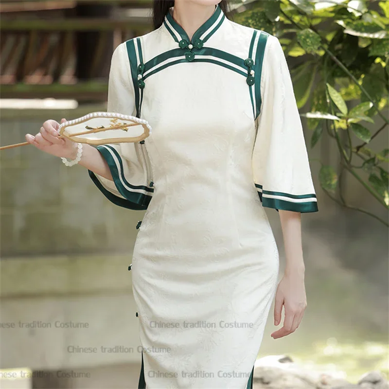 Элегантное платье Cheongsam с расклешенными рукавами, традиционное китайское платье с воротником-стойкой, сексуальный длинный костюм с разрезом для невесты, свадебной вечеринки, Ципао, Vestidos 
Элегантное платье Cheongsam с расклешенными рукавами, традиционное китайское платье с воротником-стойкой, сексуальный длинный костюм с разрезом для невесты, свадебной вечеринки, Ципао, Vestidos