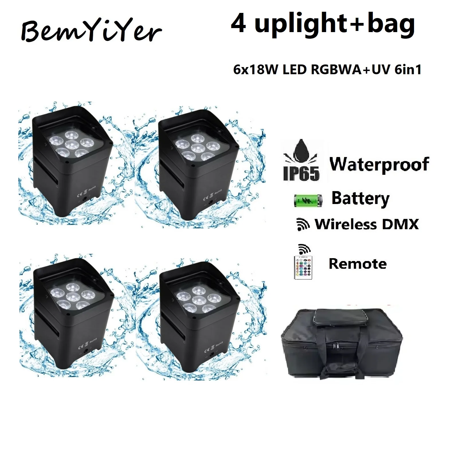 BemYiYer 4pack outdoor IP65 6x18W Battery Wireless DMX IR LED Par Uplights bag /RGBWA+UV 6in1 for DJ party wedding
BemYiYer 4pack outdoor IP65 6x18W Battery Wireless DMX IR LED Par Uplights bag /RGBWA+UV 6in1 for DJ party wedding