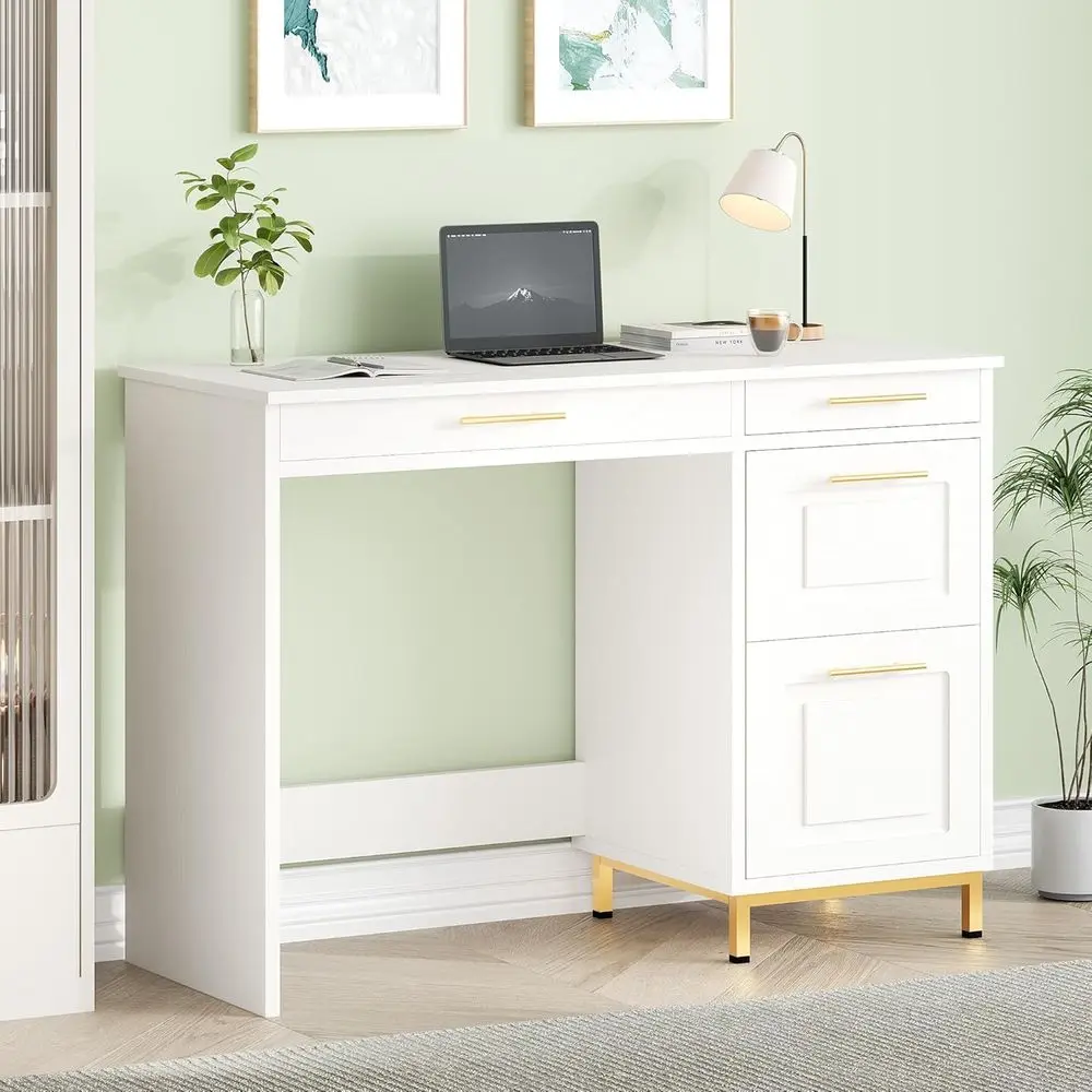 Compact 43 Inch White and Gold Desk with Storage for Home Office and Bedroom
Compact 43 Inch White and Gold Desk with Storage for Home Office and Bedroom