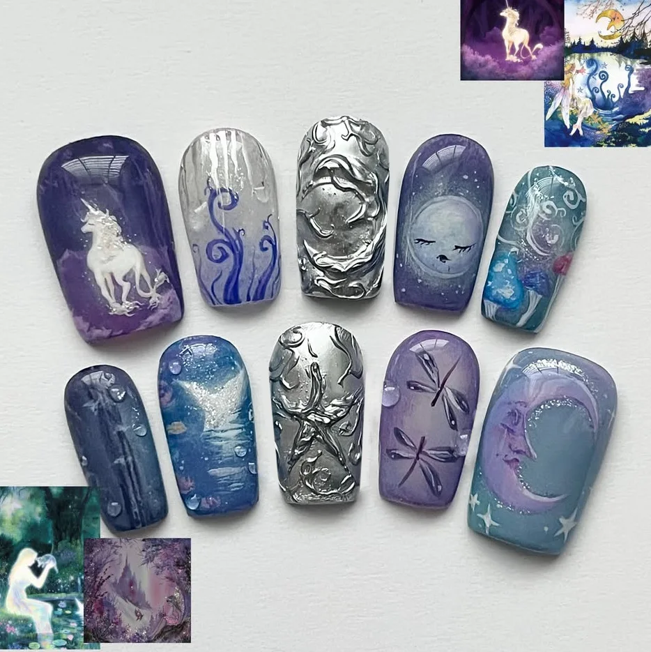 24Pcs Press On Nails Fantasy Unicorn & Moon Design Short Square Purple Blue Silver Full Cover False Nails for Women&Girl
24Pcs Press On Nails Fantasy Unicorn & Moon Design Short Square Purple Blue Silver Full Cover False Nails for Women&Girl