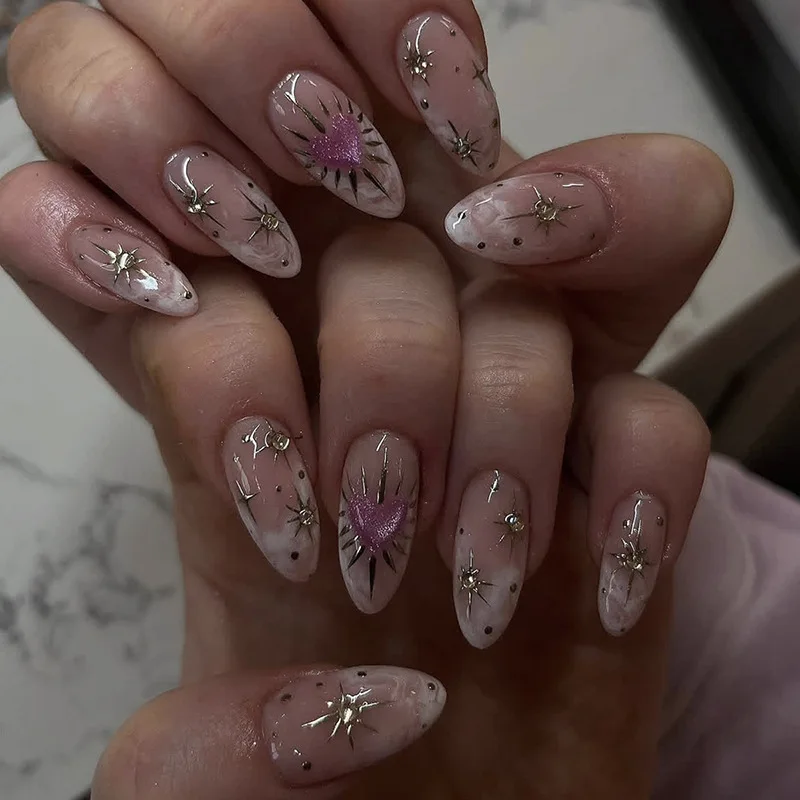 24pcs White Sumdging French Style Fake Nails Y2k Gold Star Exquisite Pink Love Heart Press On Nails Glossy Almond False Nail
24pcs White Sumdging French Style Fake Nails Y2k Gold Star Exquisite Pink Love Heart Press On Nails Glossy Almond False Nail