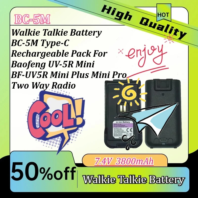 BC-5M 3800mAh Walkie Talkie Battery Type-C Rechargeable Pack For Baofeng BF-UV5R UV-5R Mini Plus Mini Pro Two Way Radio
BC-5M 3800mAh Walkie Talkie Battery Type-C Rechargeable Pack For Baofeng BF-UV5R UV-5R Mini Plus Mini Pro Two Way Radio
