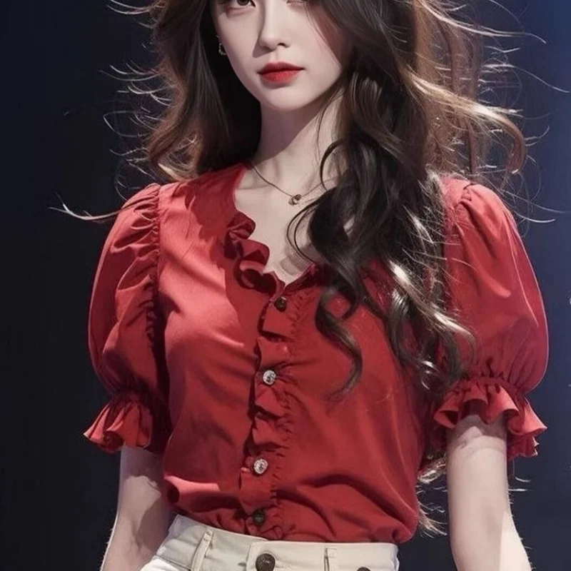 Summer New Patchwork Ruffles V-Neck Short Sleeve Solid Color High Quality Women's Wear Single Breasted Office Lady Shirt
Summer New Patchwork Ruffles V-Neck Short Sleeve Solid Color High Quality Women's Wear Single Breasted Office Lady Shirt