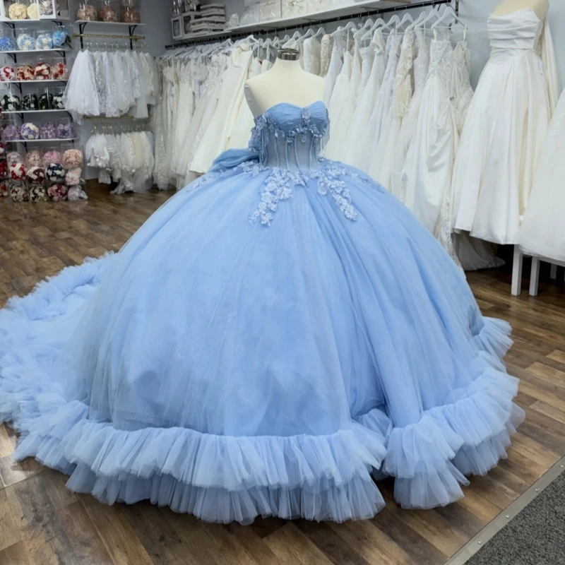 Light Blue Shiny Ball Gown Quinceanera Dresses Applique Flower Beading Crystal bow Tiered Tull Corset Off The Shoulder Sweet 16
Light Blue Shiny Ball Gown Quinceanera Dresses Applique Flower Beading Crystal bow Tiered Tull Corset Off The Shoulder Sweet 16