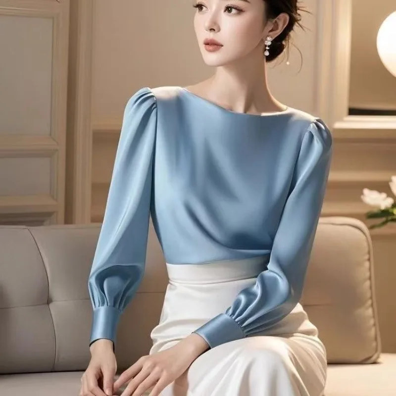 French Blue Satin Slash Neck Long Sleeve Shirts Women Blusas Mujer Spring Autumn Casual Elegant Office Lady Solid Color Blouse
French Blue Satin Slash Neck Long Sleeve Shirts Women Blusas Mujer Spring Autumn Casual Elegant Office Lady Solid Color Blouse