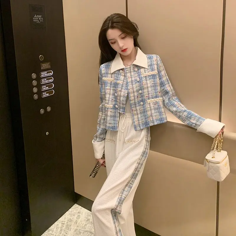 Coarse Tweed Lapel Collar Long Sleeve Patchwork Coat Women Empire-waisted Drawstring Wide Leg Pants Autumn Premium Chic Outfit
Coarse Tweed Lapel Collar Long Sleeve Patchwork Coat Women Empire-waisted Drawstring Wide Leg Pants Autumn Premium Chic Outfit