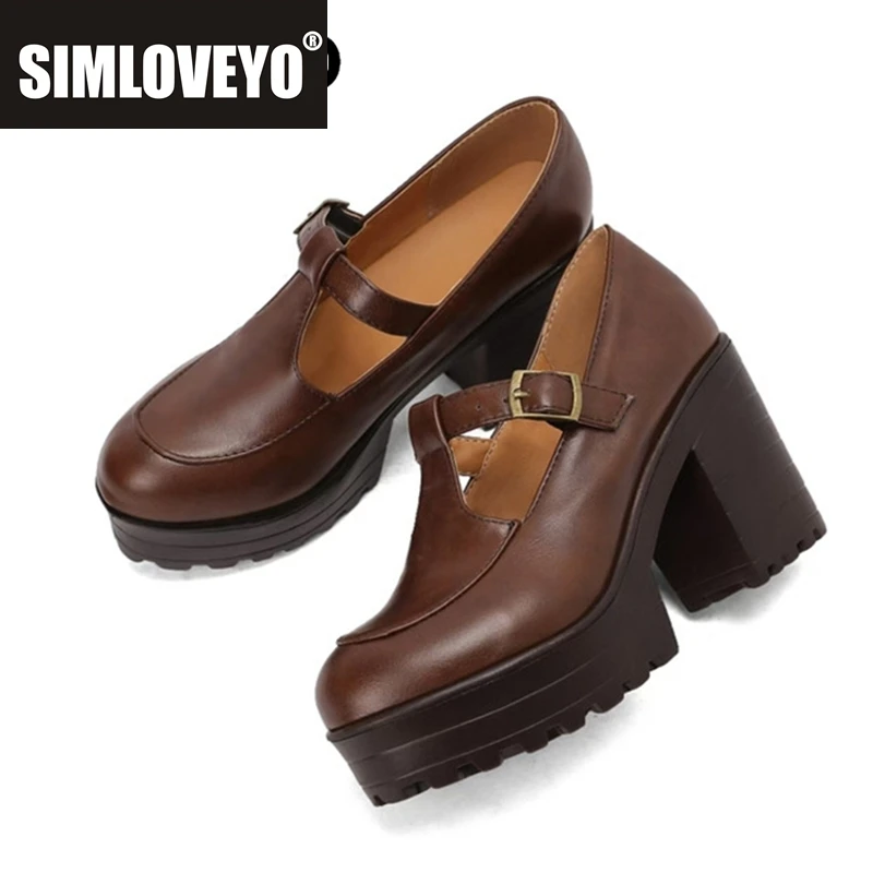 SIMLOVEYO Весенние женские туфли-лодочки в стиле панк с круглым носком, толстый каблук 9,5 см, платформа 2,5 см, Т-ремешок с пряжкой, коричневый, черный, красный, большие размеры 41 42 43