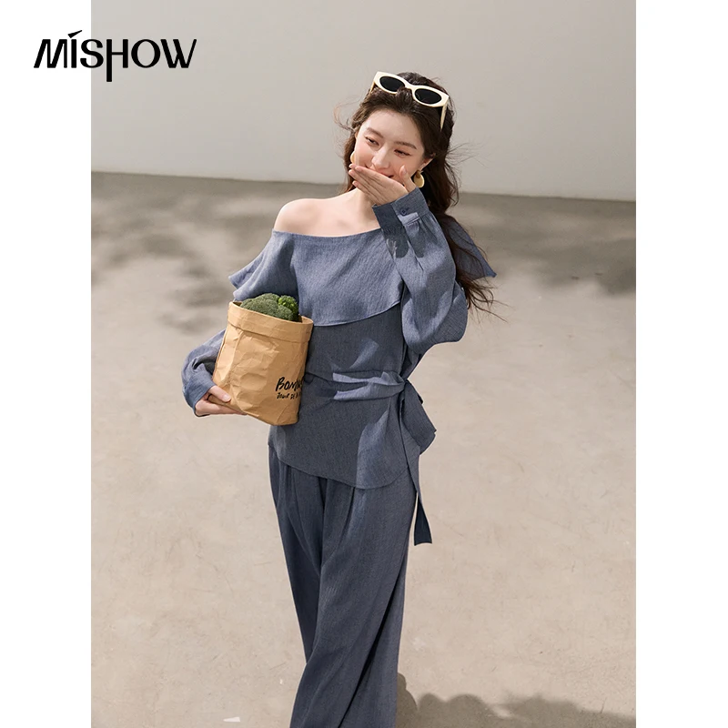 MISHOW Women's Casual Elegant Blue Off Shoulder Two Piece Set Belted Long Sleeve Top Wide Leg Pants for Spring Summer MXF15T1540
MISHOW Women's Casual Elegant Blue Off Shoulder Two Piece Set Belted Long Sleeve Top Wide Leg Pants for Spring Summer MXF15T1540