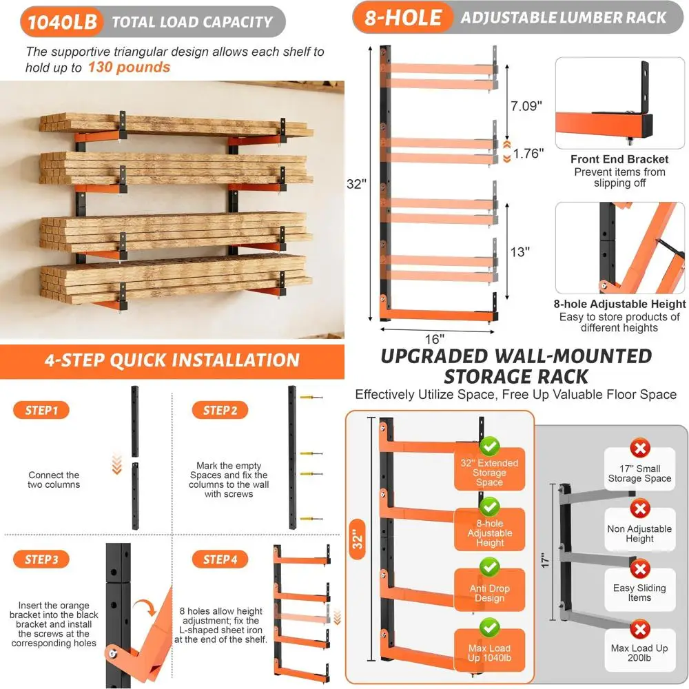 Heavy-Duty Adjustable 8-Level Metal Lumber Rack for Wall Mount Storage in Garages
Heavy-Duty Adjustable 8-Level Metal Lumber Rack for Wall Mount Storage in Garages