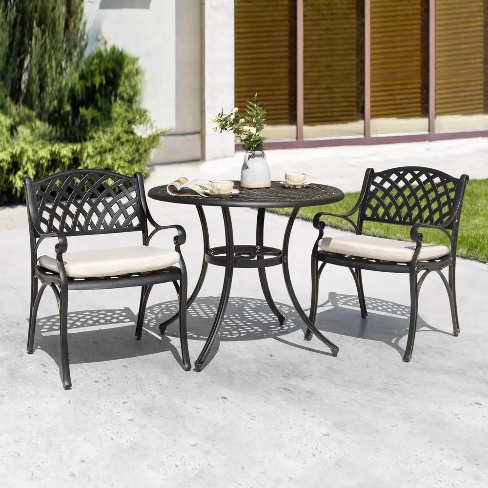 3 Piece Outdoor Bistro Set Cast Aluminum Patio Set Bistro Table Set Rustproof Patio Table and Chairs with Umbrella Hole and Bei
3 Piece Outdoor Bistro Set Cast Aluminum Patio Set Bistro Table Set Rustproof Patio Table and Chairs with Umbrella Hole and Bei