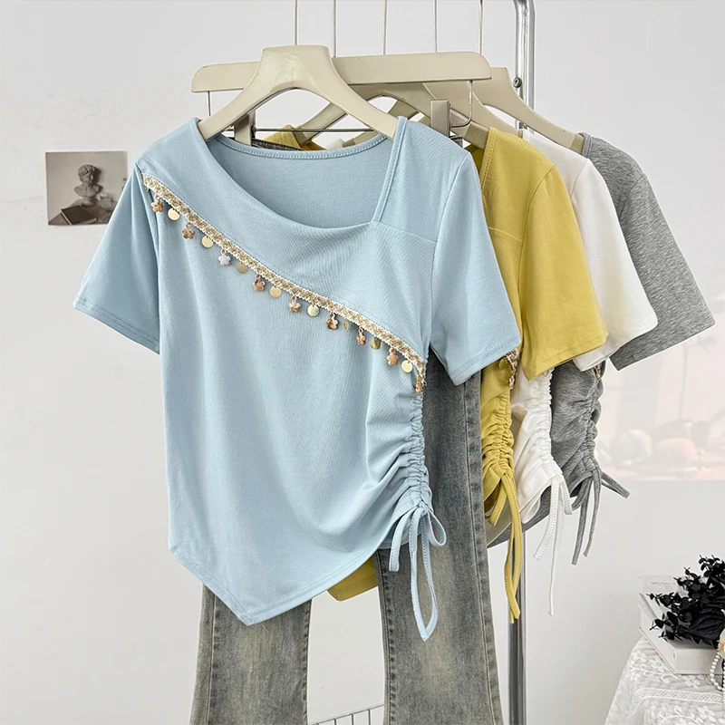 Indie Folk Sequined Sweet Irregularity Skew Neck Short-sleeve T-shirt Women Summer Chic Shirring Slim Solid Color All-match Tops
Indie Folk Sequined Sweet Irregularity Skew Neck Short-sleeve T-shirt Women Summer Chic Shirring Slim Solid Color All-match Tops
