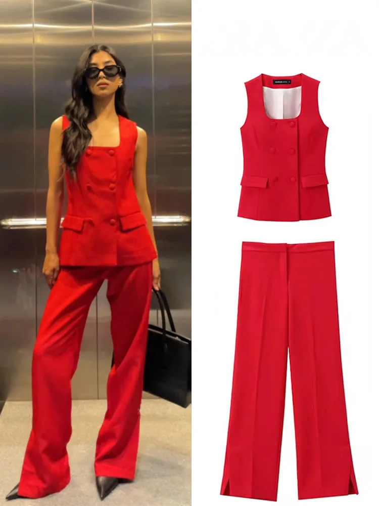 HH Summer Fashion Women Suits Red Square Neck Sleeveless Pockets Double Breasted Waistcoat Top+Mid-Waist Slit Stralght Pants
HH Summer Fashion Women Suits Red Square Neck Sleeveless Pockets Double Breasted Waistcoat Top+Mid-Waist Slit Stralght Pants