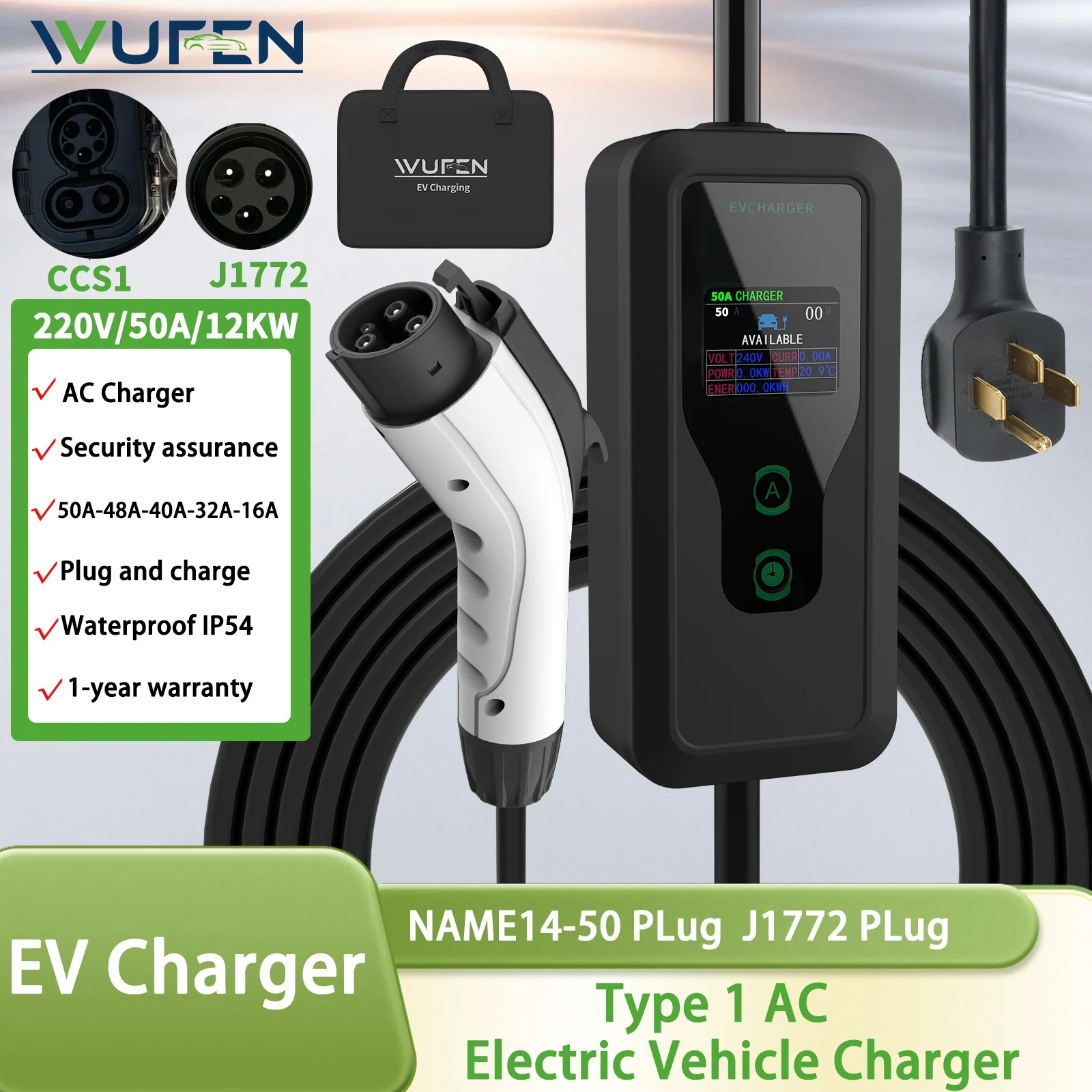 WUFEN Type1 50A 1Phase 12KW 220V Portable EV Charger J1772 Socket Fast Charging EVSE Wallbox Charging Station for Electric Car
WUFEN Type1 50A 1Phase 12KW 220V Portable EV Charger J1772 Socket Fast Charging EVSE Wallbox Charging Station for Electric Car