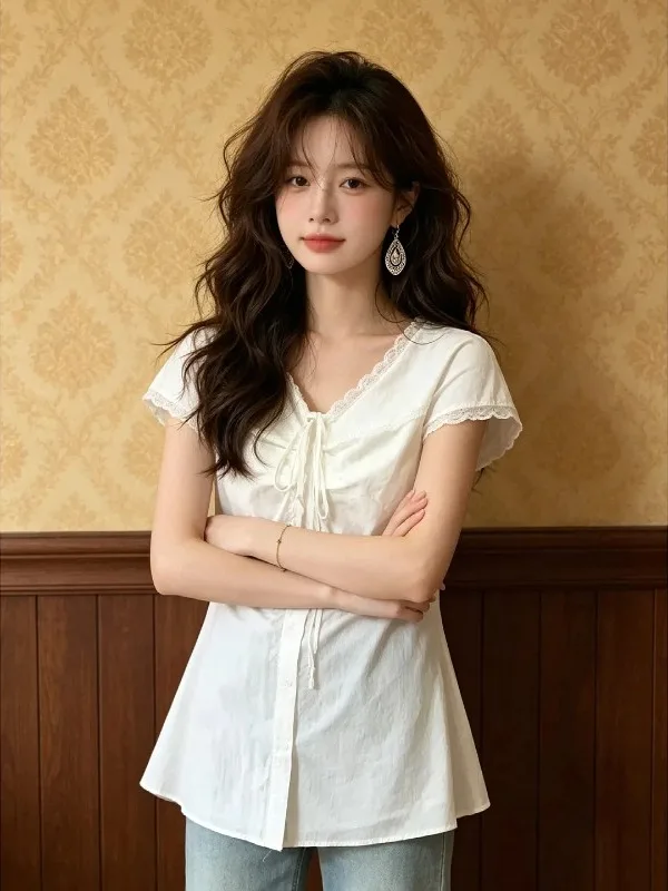 Summer Slimming Design Korean Style V-Neck T-Shirt with Lace Trim Short Sleeve Shirt for Women Retro Fashion Trend
Summer Slimming Design Korean Style V-Neck T-Shirt with Lace Trim Short Sleeve Shirt for Women Retro Fashion Trend