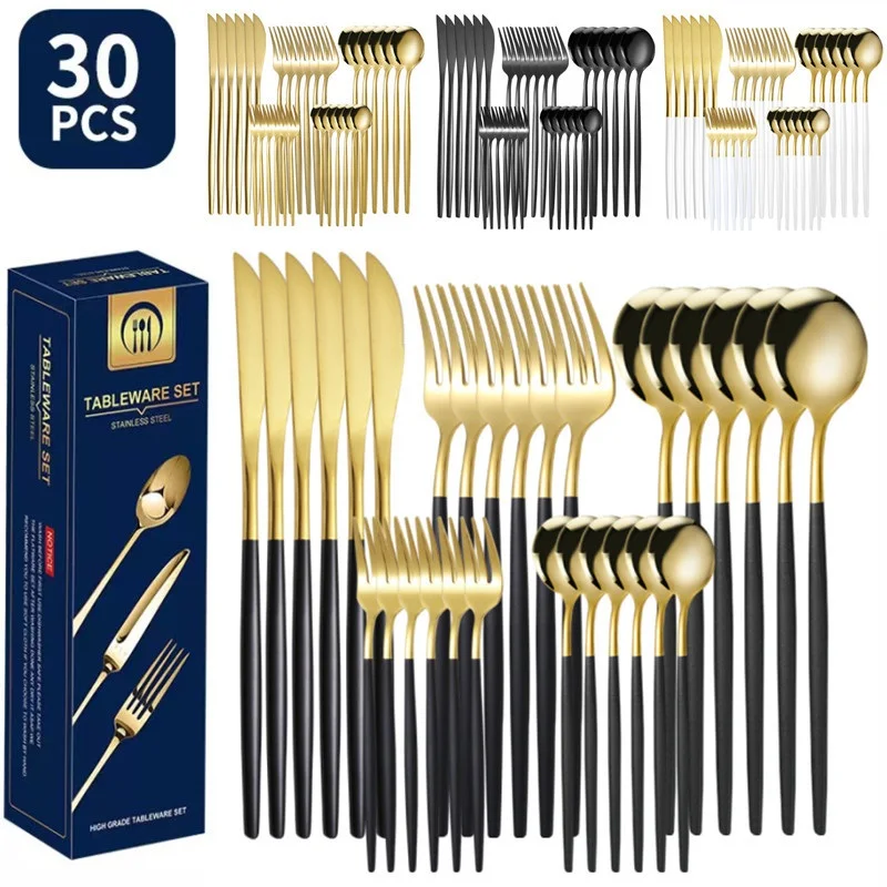 30pcs Gold Dinnerware Set Stainless Steel Steak Small Blade Knife Fork Coffee Spoon Teaspoon Safe Kitchen Silver Tableware Set
30pcs Gold Dinnerware Set Stainless Steel Steak Small Blade Knife Fork Coffee Spoon Teaspoon Safe Kitchen Silver Tableware Set