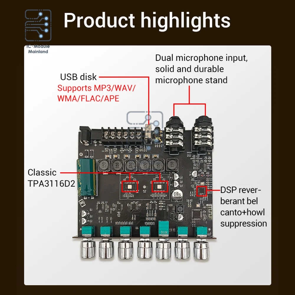 ZK-AM100 Bluetooth-compatible Amplifier Board HiFi Stereo 2.1 TPA3116D2 2X50W+100W Audio Power Amplifier Module
ZK-AM100 Bluetooth-compatible Amplifier Board HiFi Stereo 2.1 TPA3116D2 2X50W+100W Audio Power Amplifier Module